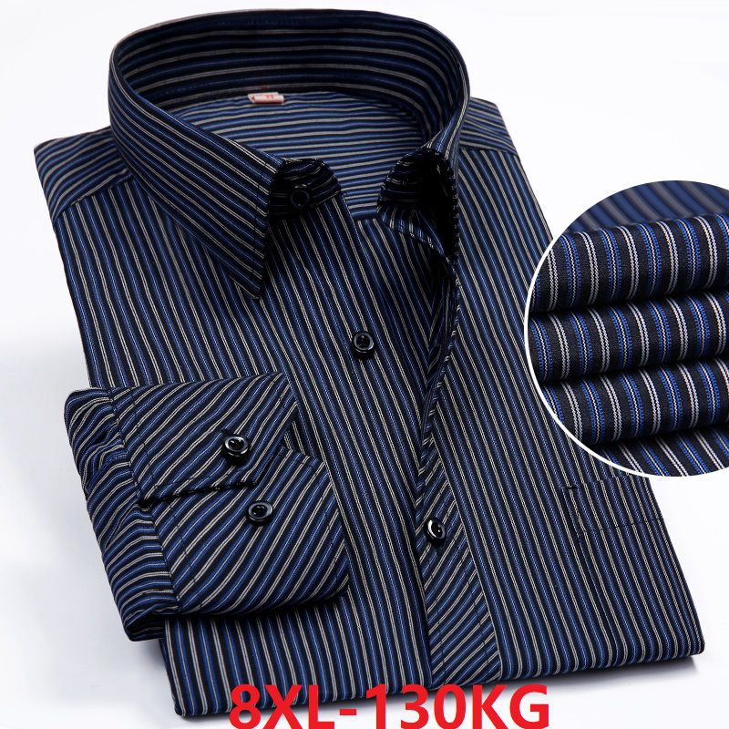 big sales autumn long sleeve striped shirt men plus size 8XL casual navy blue shirt pockets cotton oversize big size shirt loose