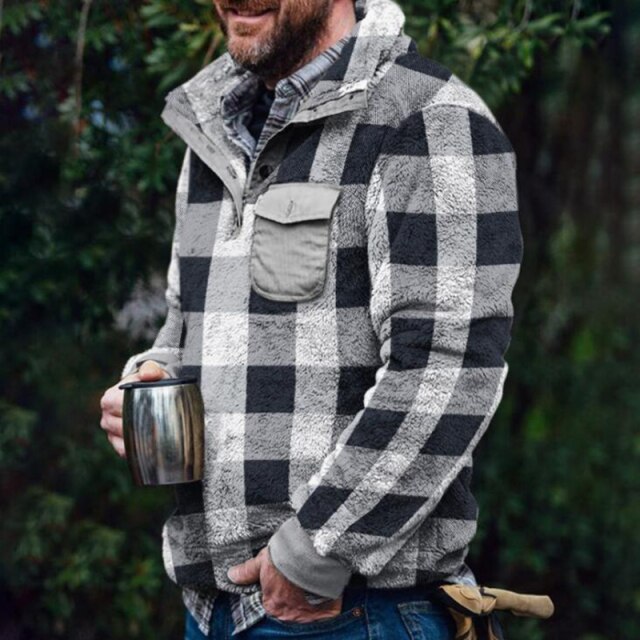 maoxiangshop Mens Buttons Lapel Thick Parkas Jackets Streetwear Hip Hop Plaid Print Fleece Warm Full Pullover Coats Fashion Harajuku Outwear