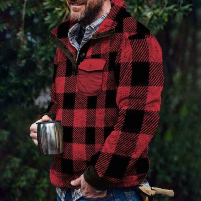 maoxiangshop Mens Buttons Lapel Thick Parkas Jackets Streetwear Hip Hop Plaid Print Fleece Warm Full Pullover Coats Fashion Harajuku Outwear