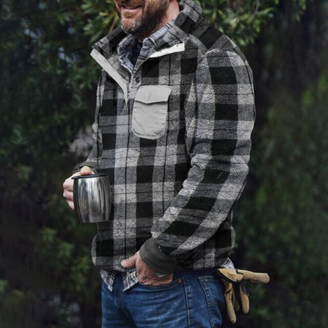 maoxiangshop Mens Buttons Lapel Thick Parkas Jackets Streetwear Hip Hop Plaid Print Fleece Warm Full Pullover Coats Fashion Harajuku Outwear