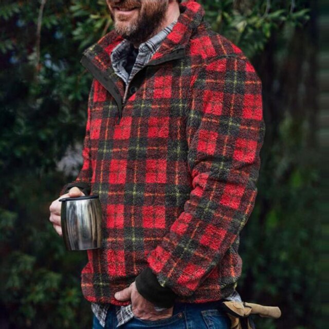 maoxiangshop Mens Buttons Lapel Thick Parkas Jackets Streetwear Hip Hop Plaid Print Fleece Warm Full Pullover Coats Fashion Harajuku Outwear