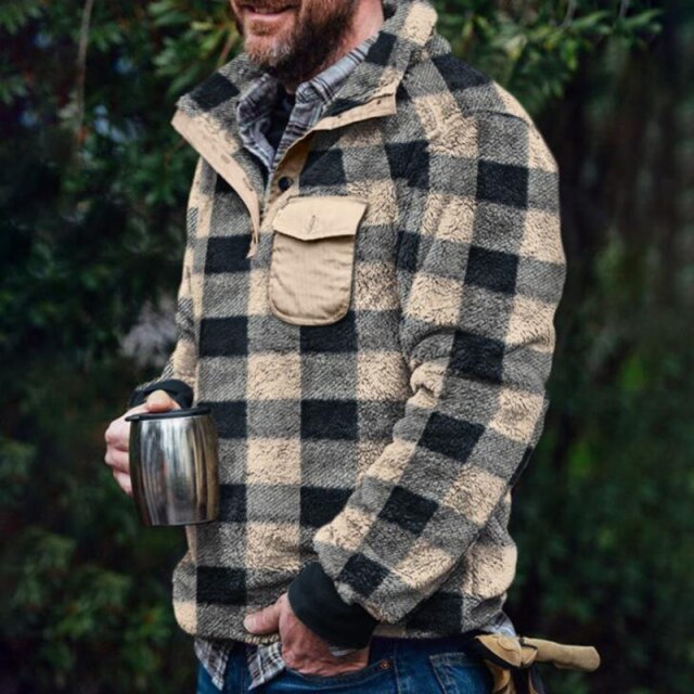 maoxiangshop Mens Buttons Lapel Thick Parkas Jackets Streetwear Hip Hop Plaid Print Fleece Warm Full Pullover Coats Fashion Harajuku Outwear