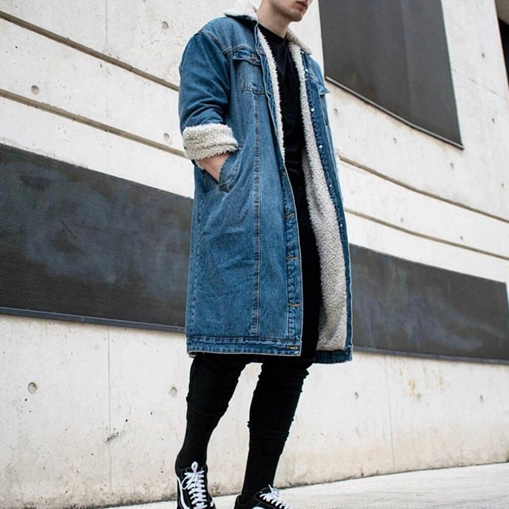 Plain Pocket Lapel Mid-Length Fleece Men's Trench Coat
