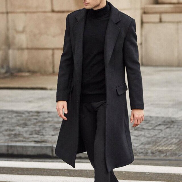Fashion Korean Style Black Windbreaker Men Solid Color Lapel Long Sleeve Temperament Woolen Coat Western Style Autumn Winter