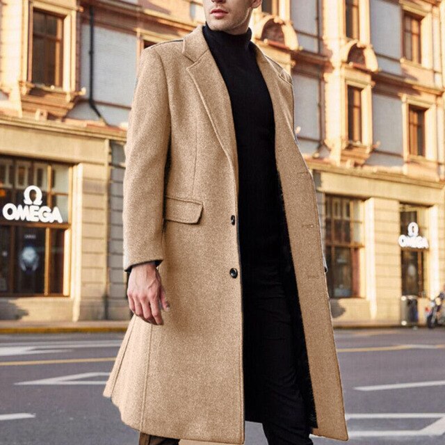 Fashion Korean Style Black Windbreaker Men Solid Color Lapel Long Sleeve Temperament Woolen Coat Western Style Autumn Winter