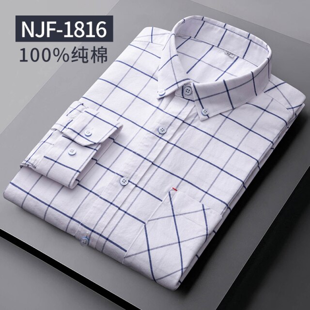 Long Sleeved Casual Shirts Men Cotton Oxford Checked Regular Fit Striped Shirt Plaid Business Mens Solid Classic Man's Clothing
