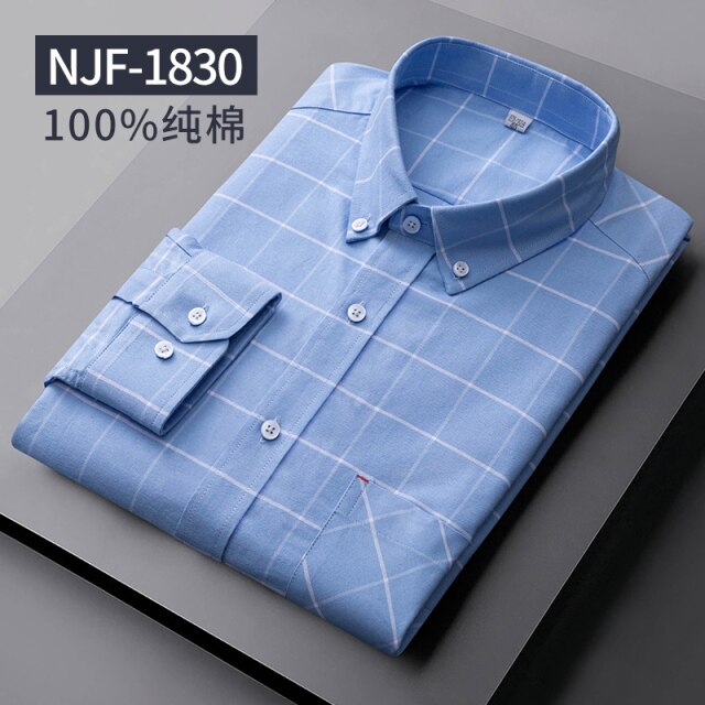 Long Sleeved Casual Shirts Men Cotton Oxford Checked Regular Fit Striped Shirt Plaid Business Mens Solid Classic Man's Clothing