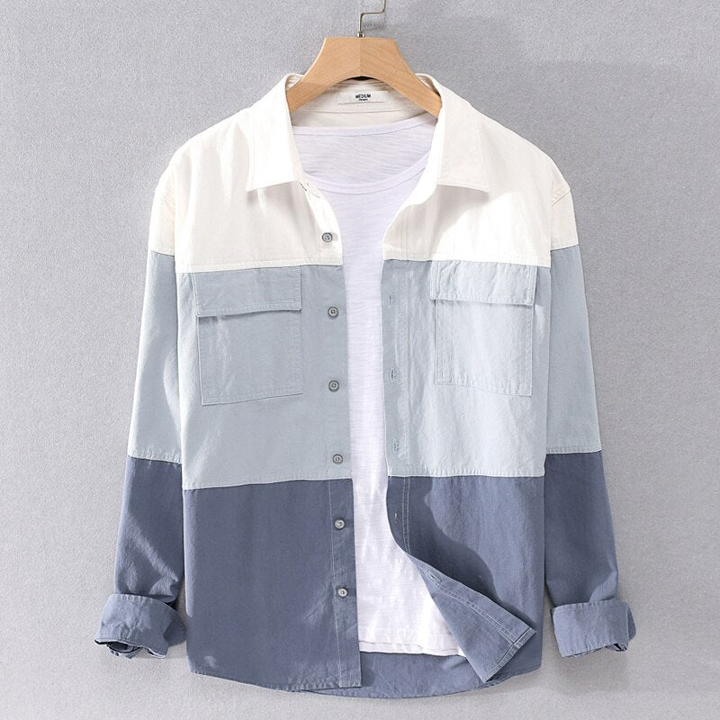 Long Sleeve Patchwork Shirt for Men Pure Cotton Casual Blouse Male Autumn Winter New Tops Man Vintage Clothing