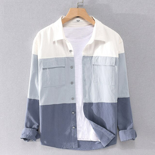 Long Sleeve Patchwork Shirt for Men Pure Cotton Casual Blouse Male Autumn Winter New Tops Man Vintage Clothing