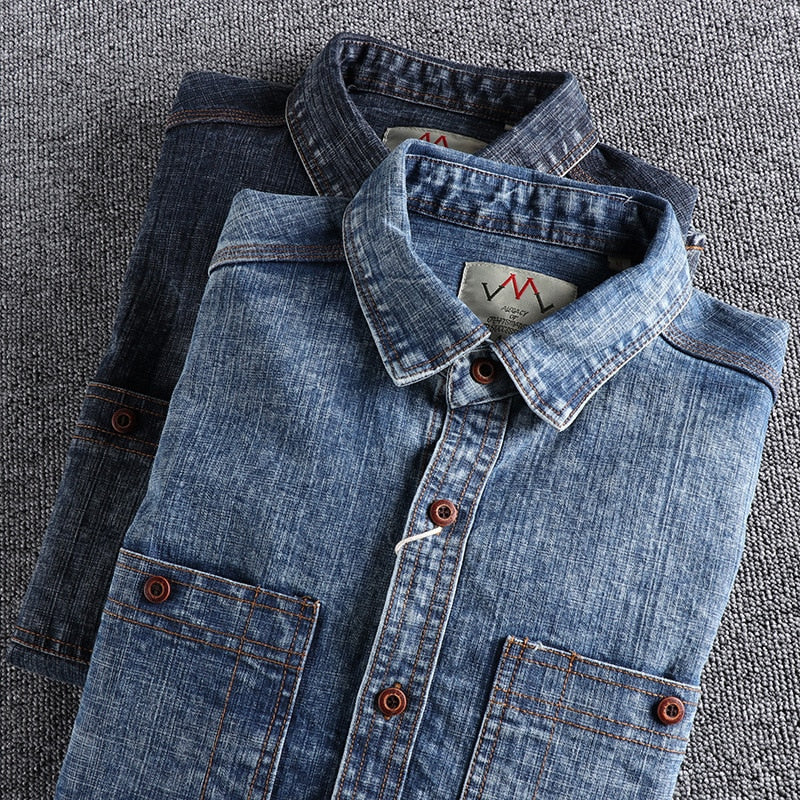 maoxiangshop Men Clothing American Retro Washed Old Denim Shirt Men's Tooling Thick and Rough Denim Trendy Loose Long-sleeved Shirt