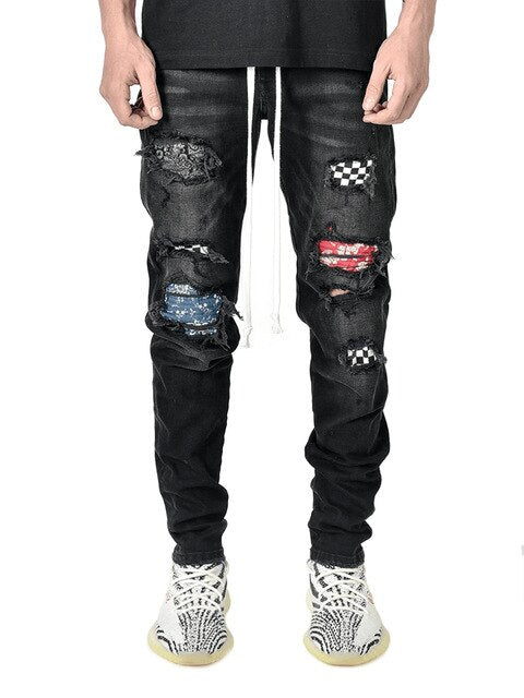 Fashion Skinny Jeans Men Ripped Grid Patchwork Stretch Denim Pencil Pants Elastic Hip-Hop Motorbike Jogging Pencil Pants