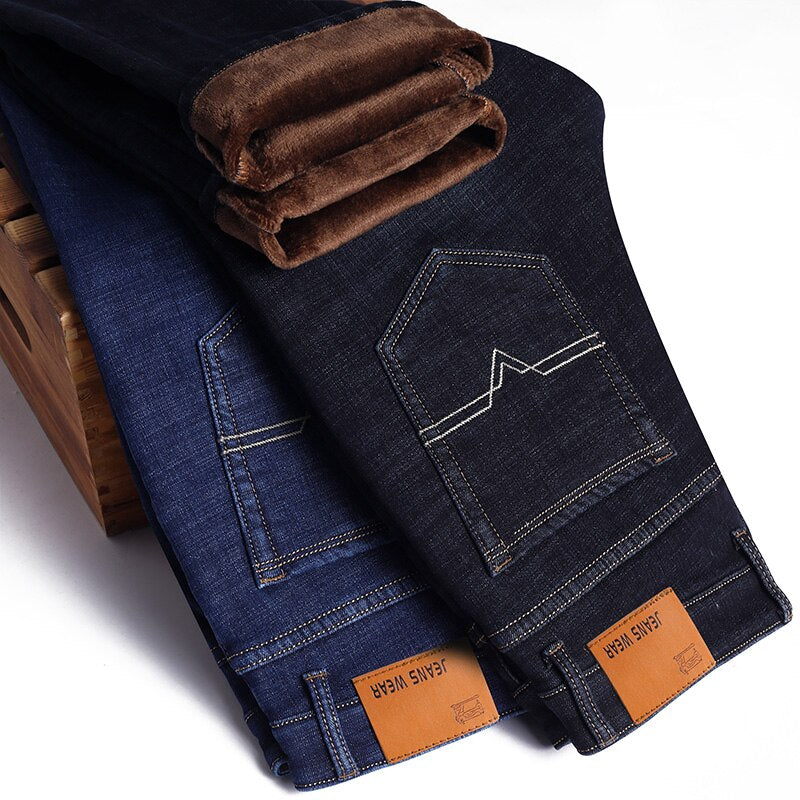 maoxiangshop Stretch Jeans Mens Winter Quality Famous Brand Fleece Pants Men Straight Flocking Trousers Jean Male