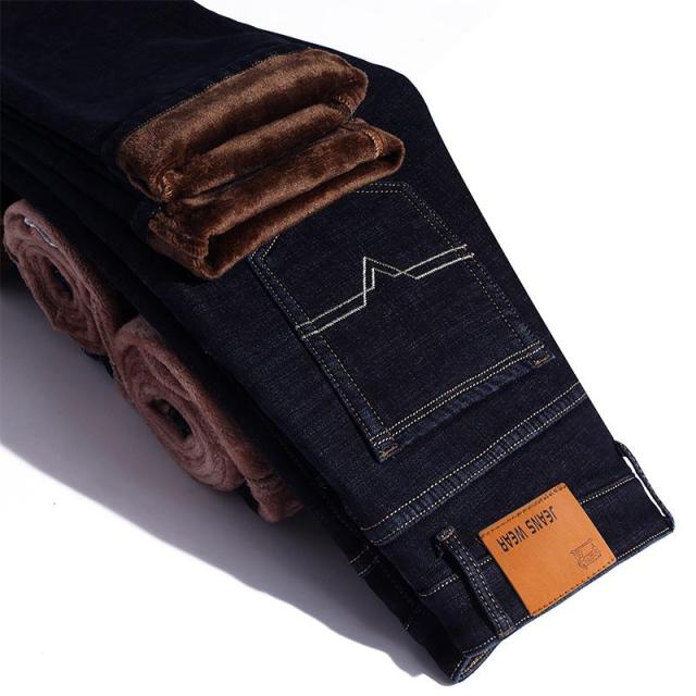 maoxiangshop Stretch Jeans Mens Winter Quality Famous Brand Fleece Pants Men Straight Flocking Trousers Jean Male