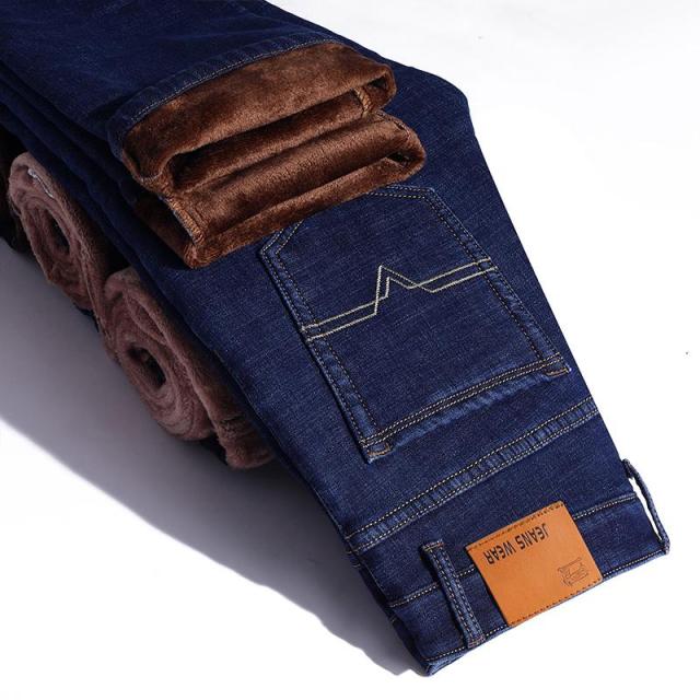 maoxiangshop Stretch Jeans Mens Winter Quality Famous Brand Fleece Pants Men Straight Flocking Trousers Jean Male