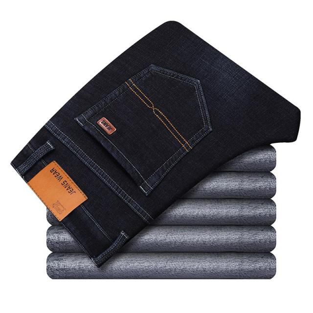 maoxiangshop Stretch Jeans Mens Winter Quality Famous Brand Fleece Pants Men Straight Flocking Trousers Jean Male