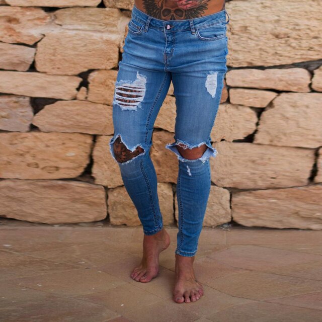 Mens Jeans Ripped Cool Stretch Elastic Denim Pants For Male Spring Summer Autumn Gothic Broken Hole Pants Moto Biker Jeans