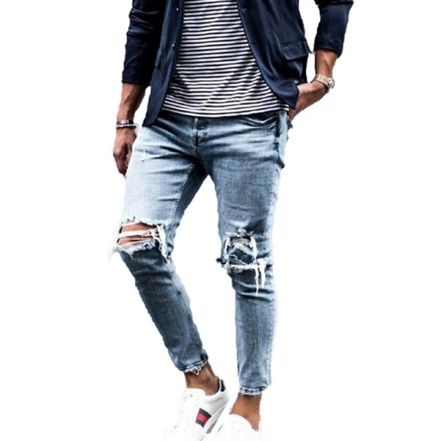 New Style Skinny Jeans Men Streetwear Destroyed Ripped Jeans Homme Hip Hop Broken Modis Male Pencil Biker Jeans
