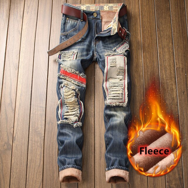 maoxiangshop Winter Brand Fleece Thick Warm Straight Jeans Classic Trend Fashionable Hole Embroidery Men's Fitted Denim Jeans