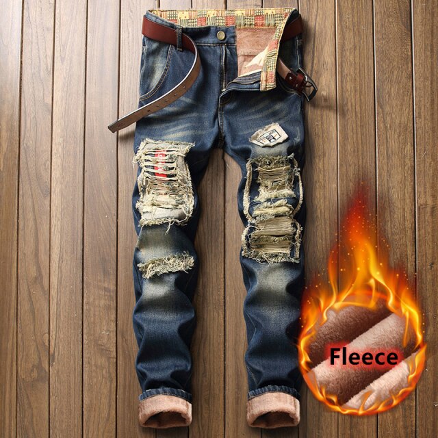 maoxiangshop Winter Brand Fleece Thick Warm Straight Jeans Classic Trend Fashionable Hole Embroidery Men's Fitted Denim Jeans