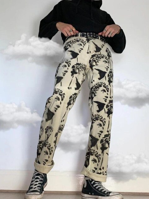 Printed Statuary Jeans Loose Straight Men Denim Biker Casual Pants Hip Hop Man Jean Hombre Pantalon Artistic Work Jeans Size S-3