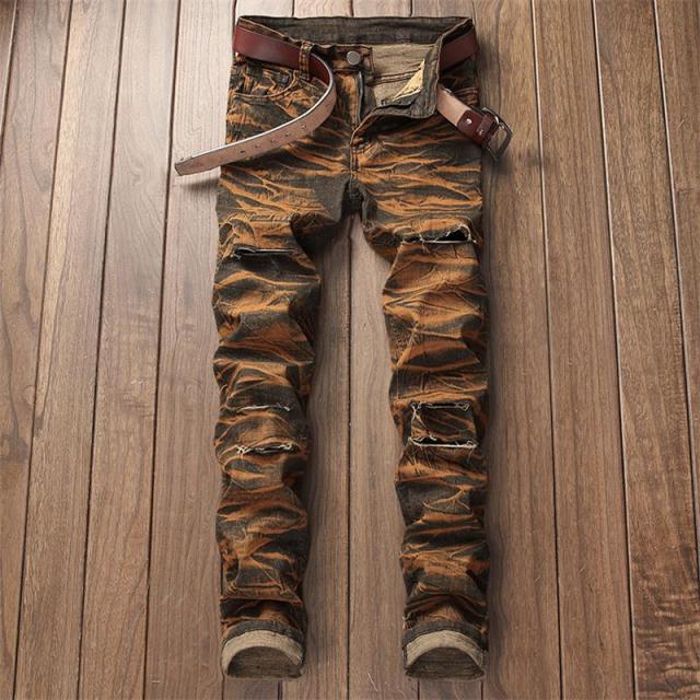 New Fashion Jeans Ripped Men Color Printing European and American Style Jeans Men 134#