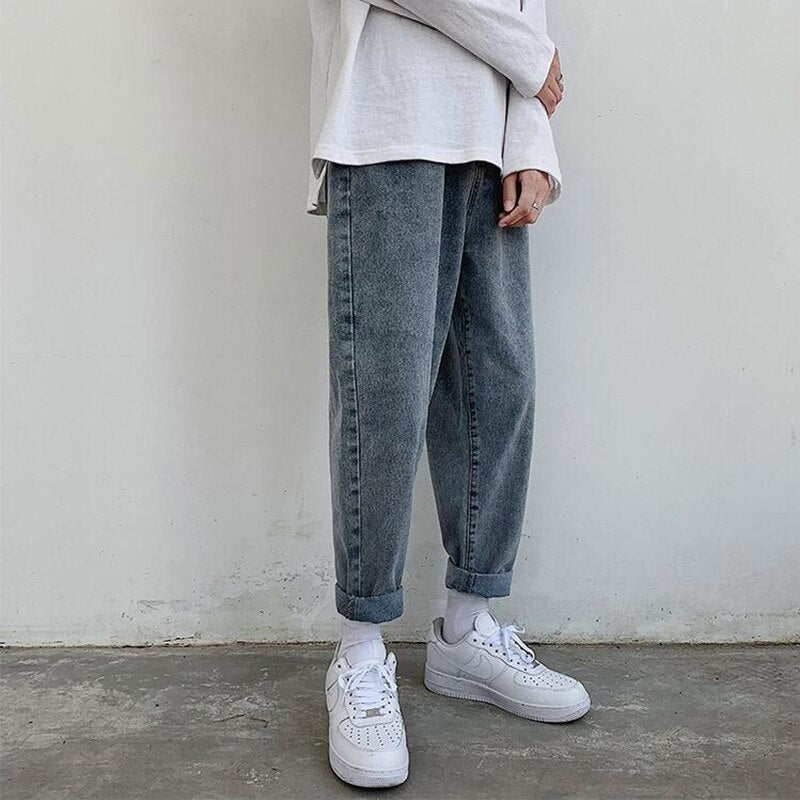 Light Color Retro Denim Pants Men's Korean Summer Youth Straight Loose Wide Leg Casual Pants