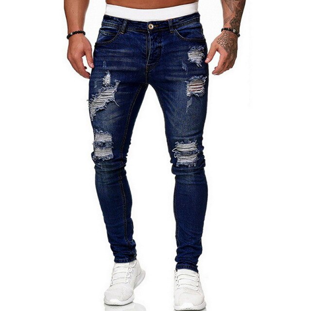 Mens Jeans Hip Hop Black Moto Skinny Ripped Pure Color Elastic Denim Pants Male Casual Waistline jogging Pencil Pant