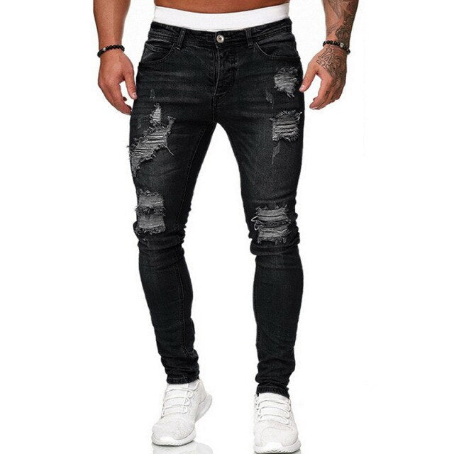 Mens Jeans Hip Hop Black Moto Skinny Ripped Pure Color Elastic Denim Pants Male Casual Waistline jogging Pencil Pant
