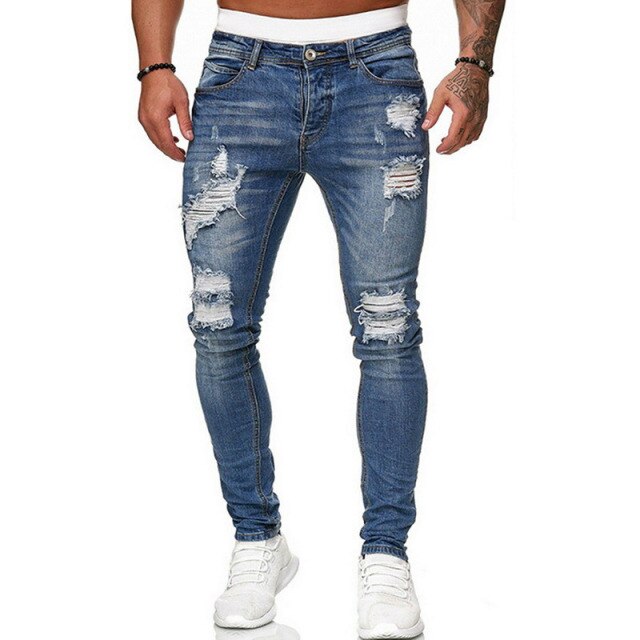 Mens Jeans Hip Hop Black Moto Skinny Ripped Pure Color Elastic Denim Pants Male Casual Waistline jogging Pencil Pant