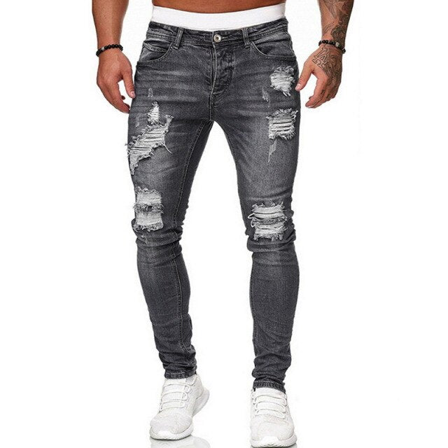 Mens Jeans Hip Hop Black Moto Skinny Ripped Pure Color Elastic Denim Pants Male Casual Waistline jogging Pencil Pant