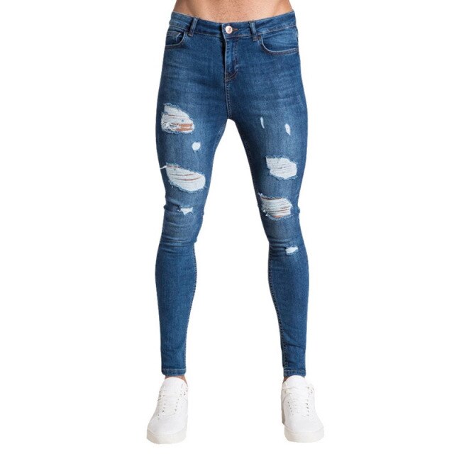 Mens Jeans Hip Hop Black Moto Skinny Ripped Pure Color Elastic Denim Pants Male Casual Waistline jogging Pencil Pant
