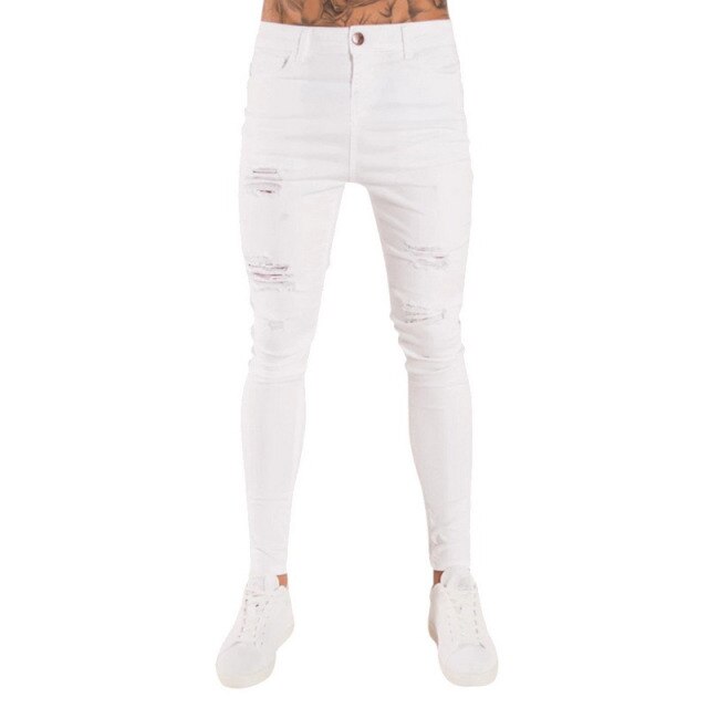 Mens Jeans Hip Hop Black Moto Skinny Ripped Pure Color Elastic Denim Pants Male Casual Waistline jogging Pencil Pant
