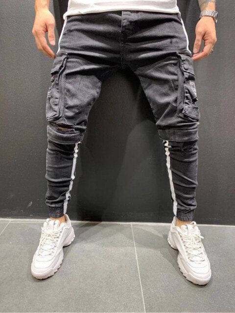 New Men Skinny Jeans Ripped Jeans Destroyed Frayed Side stripe Jeans Slim Fit Pant Denim Pants Men Jeans cargo pants