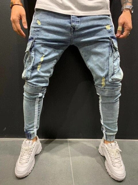 New Men Skinny Jeans Ripped Jeans Destroyed Frayed Side stripe Jeans Slim Fit Pant Denim Pants Men Jeans cargo pants