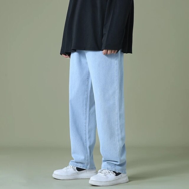 maoxiangshop Streetwear Men's Blue Wide Leg Jeans New Autumn Korean Style Fashion Straight Baggy Denim Pants Student Teen Trousers Black Gray