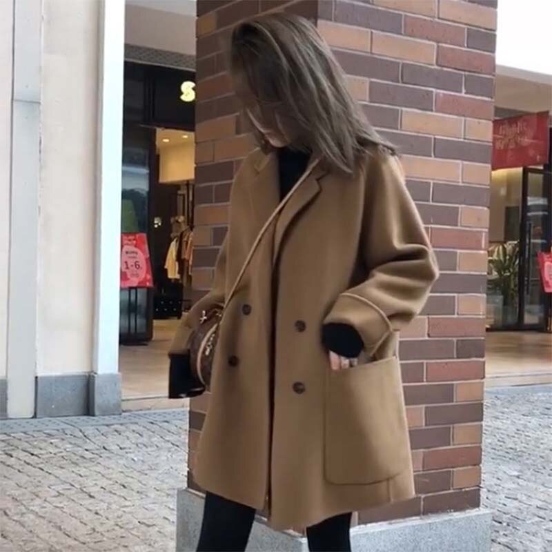 Women Woolen Double Breasted Long Trend Coat Autumn Winter Casual Long Sleeve Overcoat Loose Vintage Fashion Outwear Jacket
