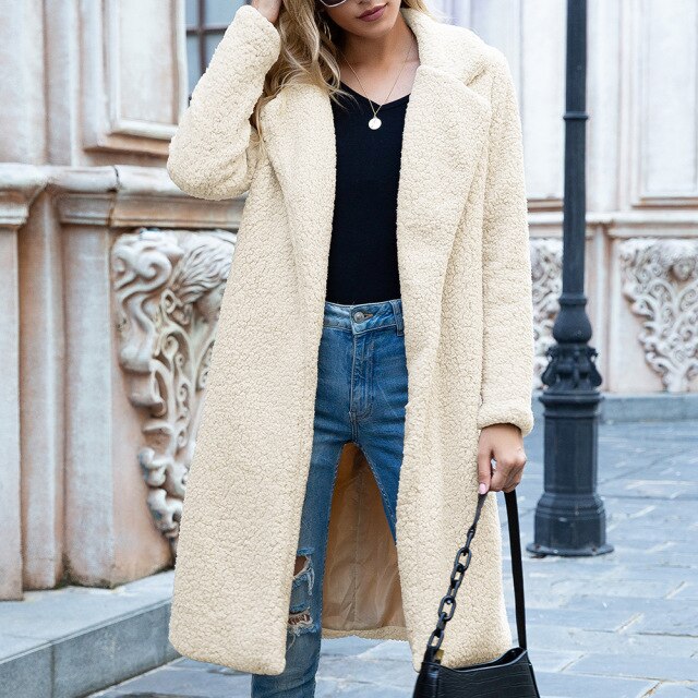 Women's autumn and winter new mid-length lapel wool cardigan lamb wool coat