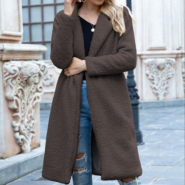 Women's autumn and winter new mid-length lapel wool cardigan lamb wool coat