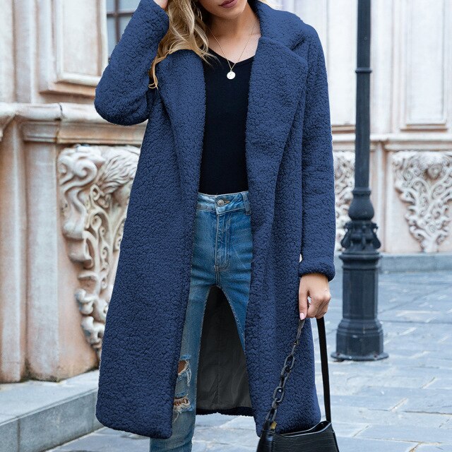 Women's autumn and winter new mid-length lapel wool cardigan lamb wool coat