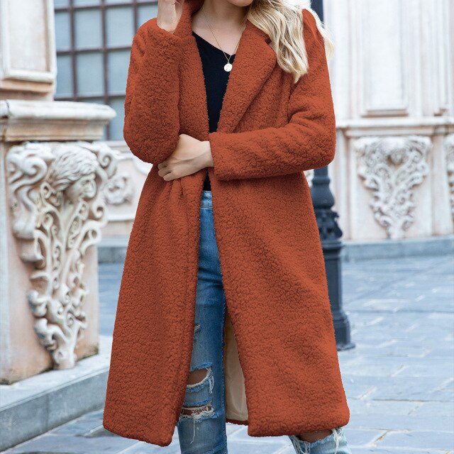 Women's autumn and winter new mid-length lapel wool cardigan lamb wool coat