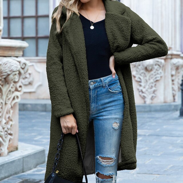 Women's autumn and winter new mid-length lapel wool cardigan lamb wool coat