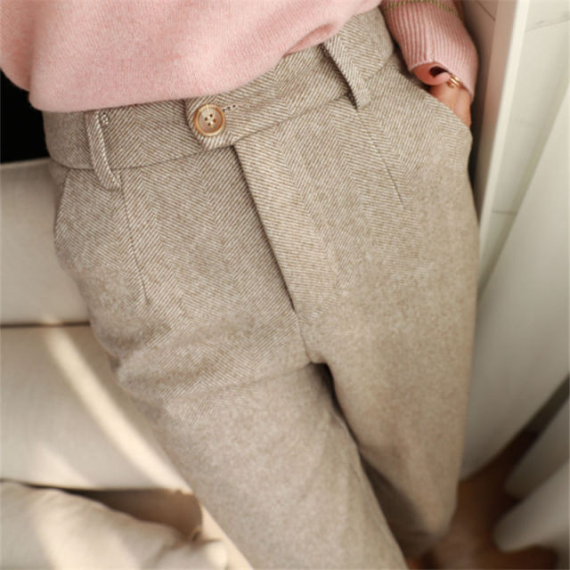 Woolen Pants Women's Harem Pencil Pants Autumn Winter High Waisted Casual Suit Pants Office Lady Women Trousers