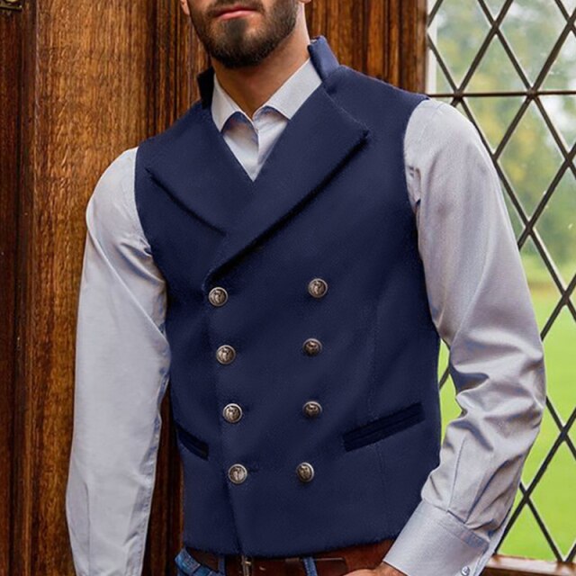 Men's Suit Vest Green Lapel Collar Double Breasted Solid Color Cardigan Vest Jacket Casual Slim Fit Gilet Men Waistcoat