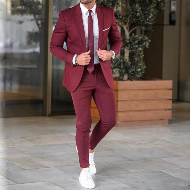 maoxiangshop 2 Pieces Burgundy Mens Groom Tuxedos Wedding Suits for Men British Style Custom Made Costume Hommes Blazer (Jacket+Pants)