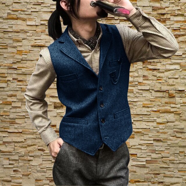 Men's Suit Vest Wool Tweed Jacket Retro Slim Fit Sleeveless Steampunk Waistcoat chaleco hombre