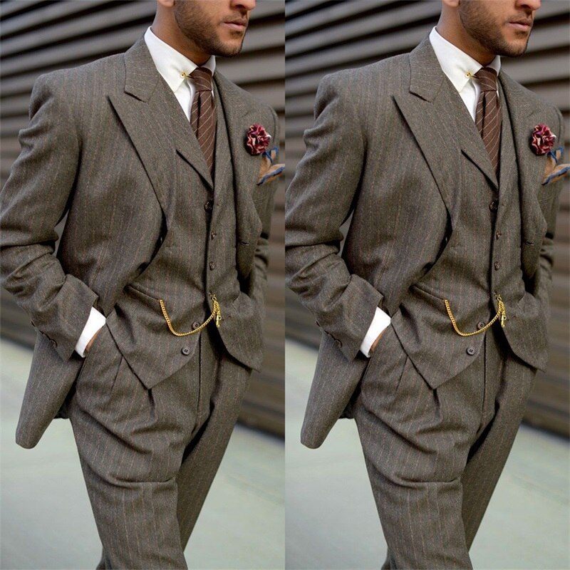 maoxiangshop Tweed Woolen Formal Men Suits Wedding Tuxedos Striped Groommen Party Prom Pants Suits Jacket Business 3 Pieces Costumes Hommes
