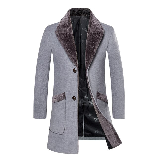 maoxiangshop Zoulv Male Solid Color Slim Casual Windbreaker Jacket 5XL Winter Men's Long Woolen Coat Fur Collar Warm Woolen Coats
