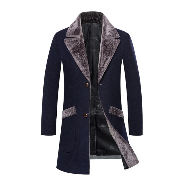 maoxiangshop Zoulv Male Solid Color Slim Casual Windbreaker Jacket 5XL Winter Men's Long Woolen Coat Fur Collar Warm Woolen Coats