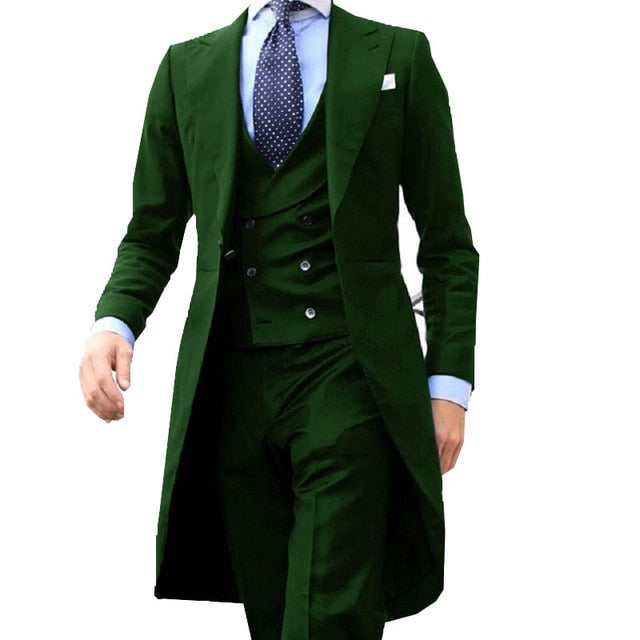 New Arrivel Long Coat Designs Chinese Red Men Suit Gentle mens Tuxedo Prom Blazer Custom 3 Pieces (Jacket+vest+Pants)
