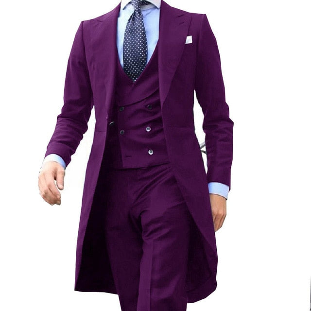 New Arrivel Long Coat Designs Chinese Red Men Suit Gentle mens Tuxedo Prom Blazer Custom 3 Pieces (Jacket+vest+Pants)